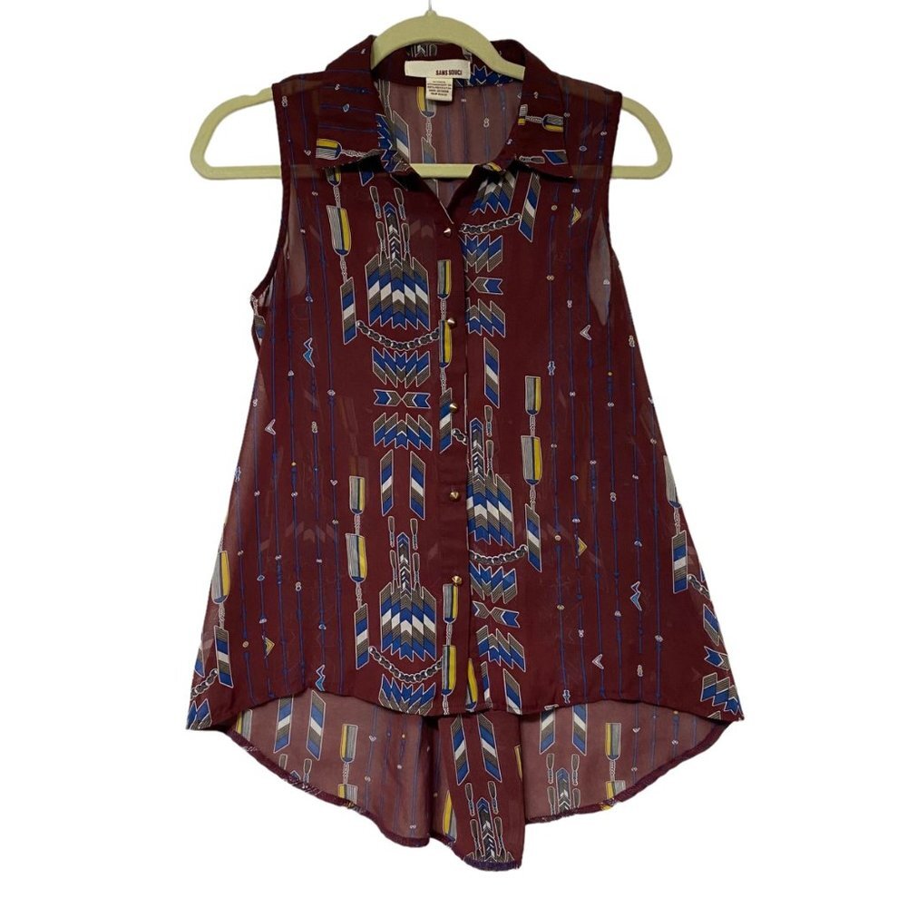 SANS SOUCI Women‎ Size Small Boho Aztec Spike Button Up Sheer Sleeveless Blouse